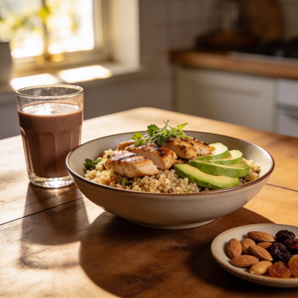 Comida saludable después de entrenar con fruta, proteína y verduras